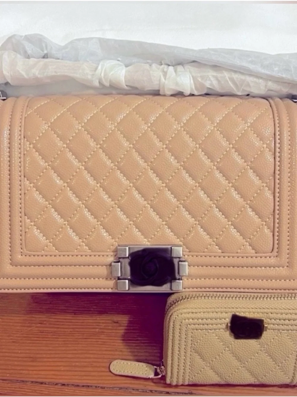 Quilted Beige Leather Shoulder Bag with Matching Wallet